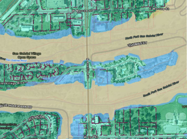 FEMA’s 100-year floodplain map (tan) has smaller boundaries compared to the preliminary Atlas 14 floodplain study (blue). The study's findings could change before it's finalized by Williamson County in 2025. (Courtesy city of Georgetown)