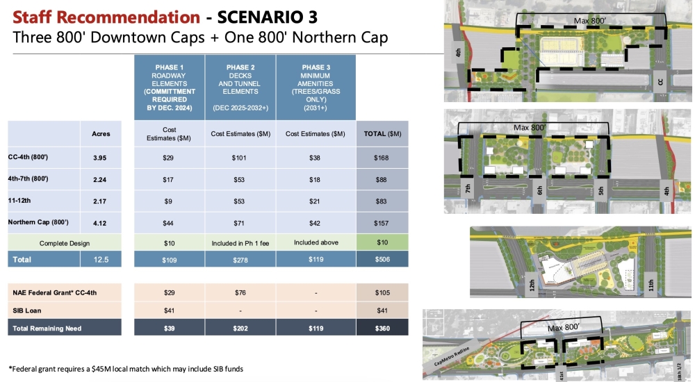 Austin transportation staff are recommending a scaled-back cap and stitch plan with less, and smaller, highway decks. (Courtesy city of Austin)