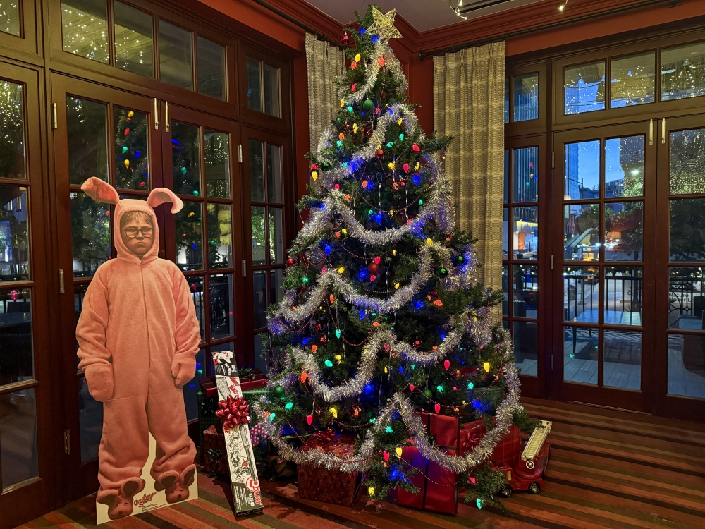 Stephen F's Bar and Terrace is decorated with holiday lights, a Christmas tree, cardboard cut-outs and other holiday decorations for its holiday pop-up bar, Ralphie's on Congress. (Dacia Garcia/Community Impact)