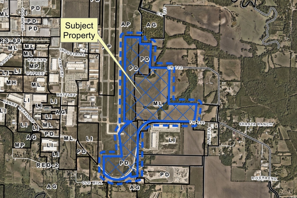 The land included in the rezoning is located on the east of the airport's runway. Existing development at the airport has been confined to the west side of the runway. (Courtesy city of McKinney)