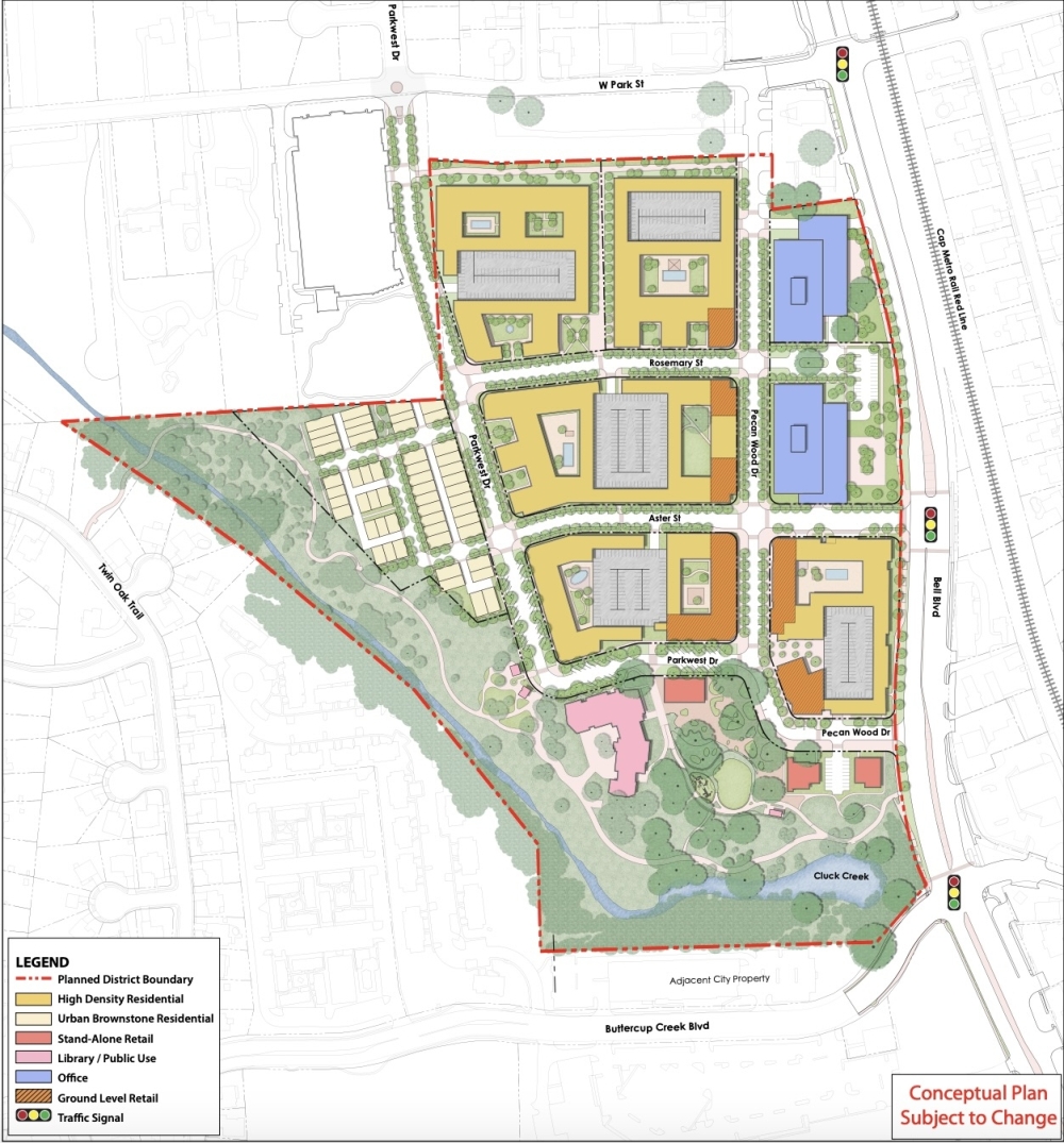 In addition to the recently completed library, the Bell District master plan includes multifamily units, retail space, restaurants and office space. (Courtesy RedLeaf)