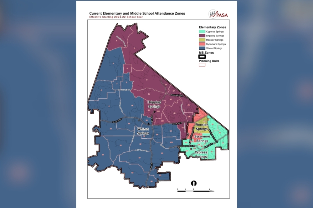 The current attendance zones for Dripping Springs ISD will no longer be in effect after the 2024-25 academic school year, as new zones will go into affect for the 2025-26 academic school year. (Courtesy Dripping Springs ISD)