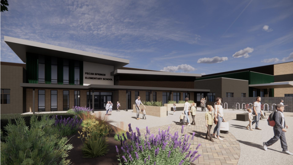 The Pecan Springs Elementary modernization project includes outdoor learning spaces, collaborative areas for educators and security upgrades and is expected to open fall 2026. (Courtesy O'Connell Robertson)