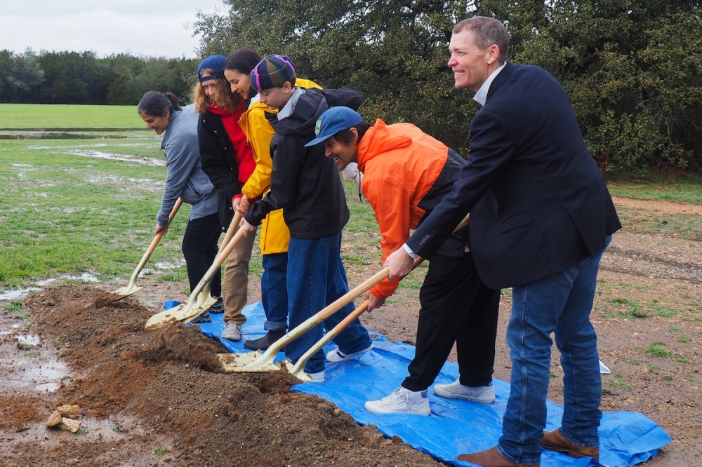 City and county officials joined residents to celebrate the start of construction on a skate park in Dripping Springs. From left, Dripping Springs Mayor Pro Tem Taline Manassian, Ben Kweller, Liz Kweller, Judah Kweller, Dennis Baldwin and Hays County Commissioner Walt Smith. (Courtesy Hays County)