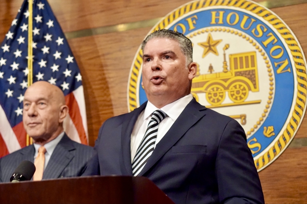 Houston Mayor John Whitmire, left, appointed Noe Diaz as the new Houston Police Chief Aug. 2 during a news conference. (Cassandra Jenkins/Community Impact)