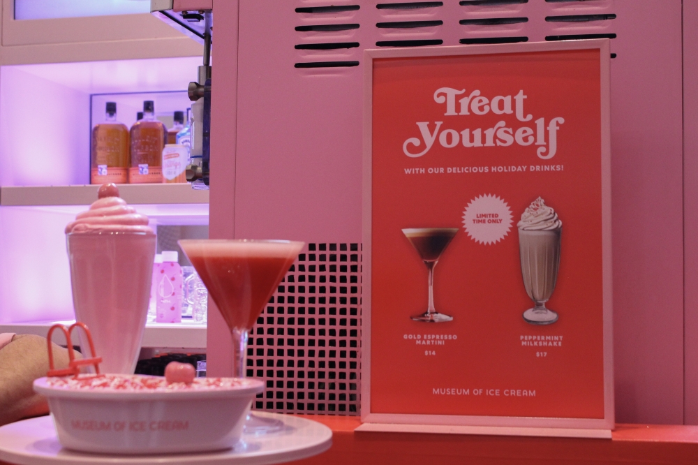 The Museum of Ice Cream is offering festive holiday drinks for its Pinkmas event, including the Boozy Peppermint Milkshake and Golden Espresso Martini. (Sarah Hernandez/Community Impact.)