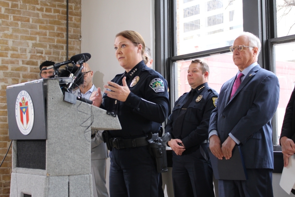 Austin Police Chief Lisa Davis shared updates on new public safety strategies in the Sixth Street entertainment district downtown. (Ben Thompson/Community Impact)