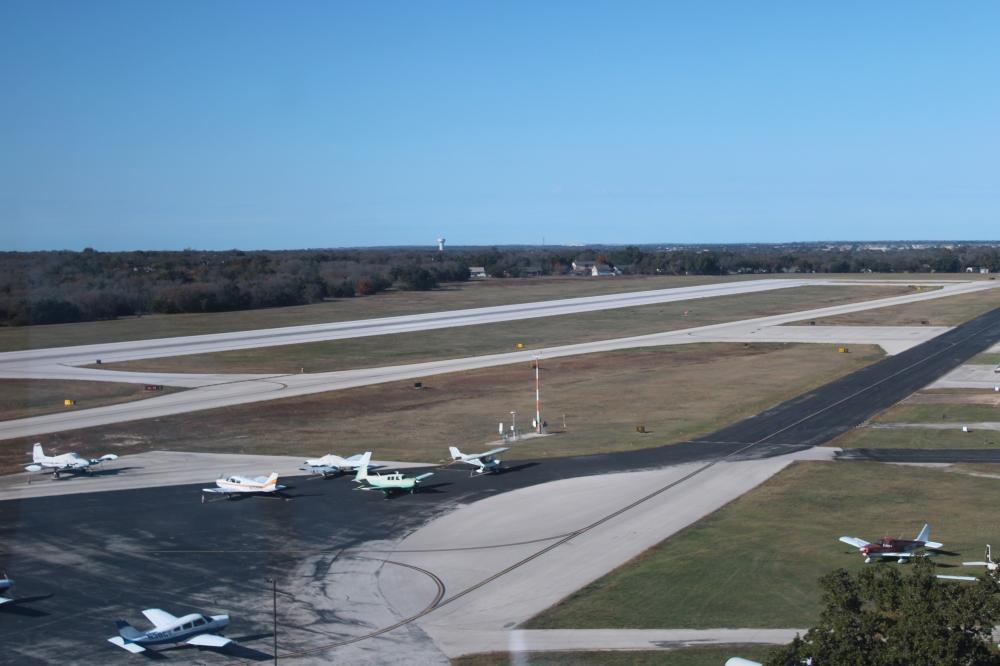 A view outside of the Air Traffic Control Tower at the Georgetown Executive Airport. Since 2014, airport operations have increased by 92%. (Anna Maness/Community Impact)