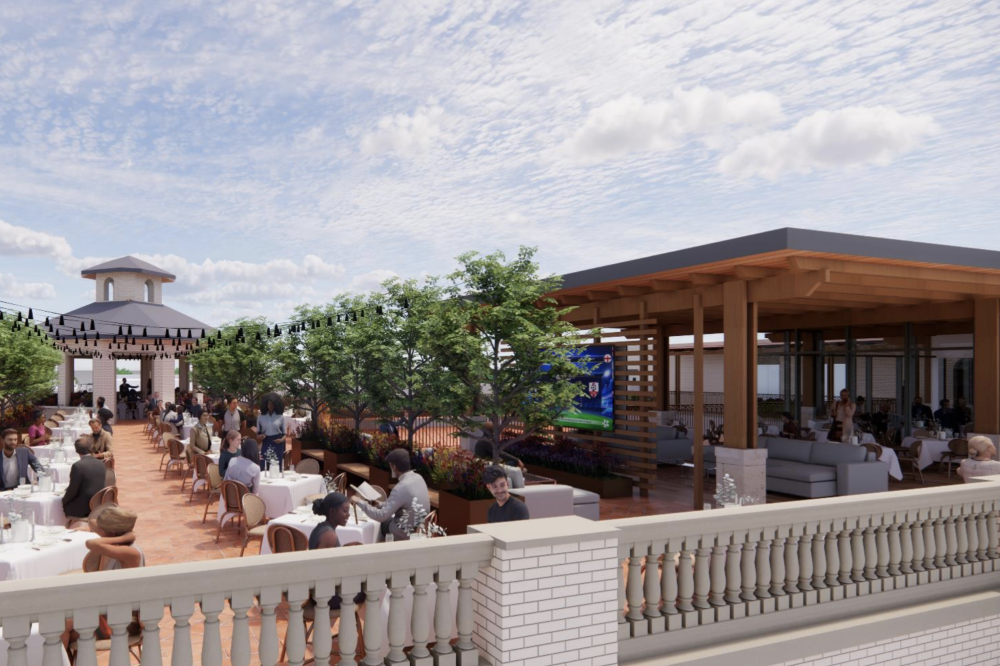 The building’s preliminary designs show a covered rooftop bar and restaurant area. (Rendering courtesy Overland Partners)