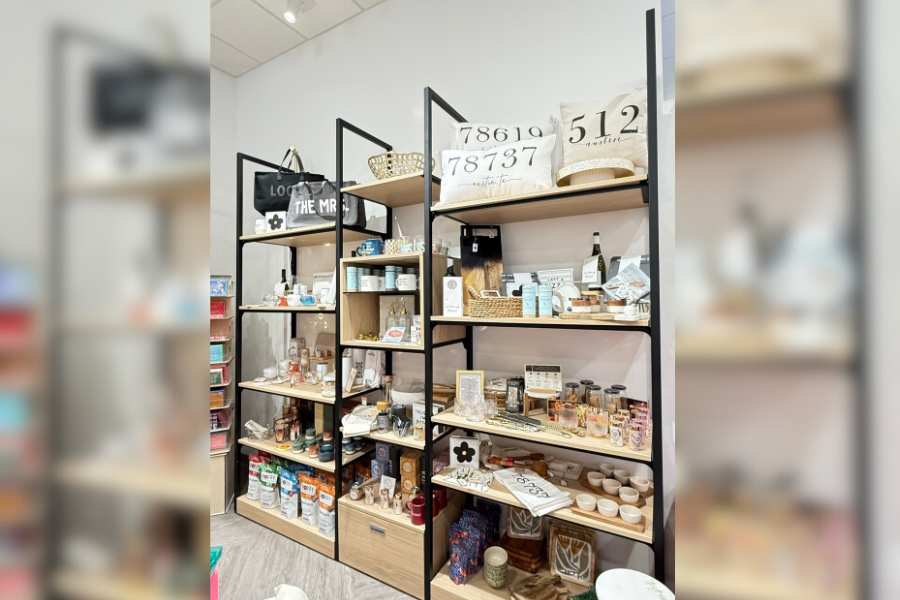 Boutique wooden shelves with accessories