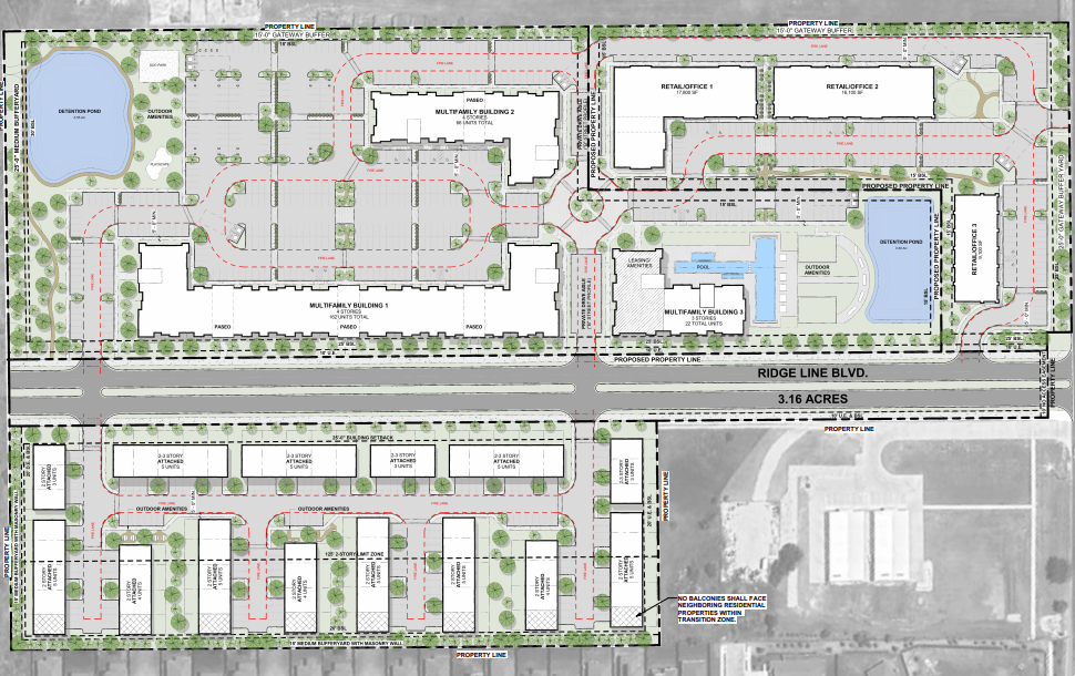 This conceptual land plan shows the proposed mixed-use development off Rockride Lane and the future Ridge Line Boulevard extension. (Courtesy EVstudio)