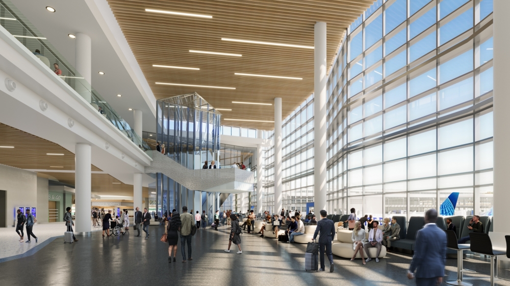 The Terminal B lobby at George Bush Intercontinental Airport will close until 2026 on Jan. 21. (Rendering courtesy United Airlines)