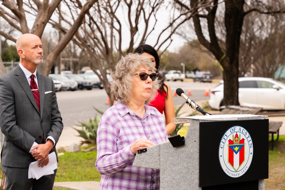 East Austin Los Arboles resident Laurel Francel said she hopes the new on-demand waste collection offered by the City of Austin will help mitigate waste in her neighborhood, during a press conference Feb 6. (Adal Rivas, Office of Austin Mayor Pro Tem Vanessa Fuentes)