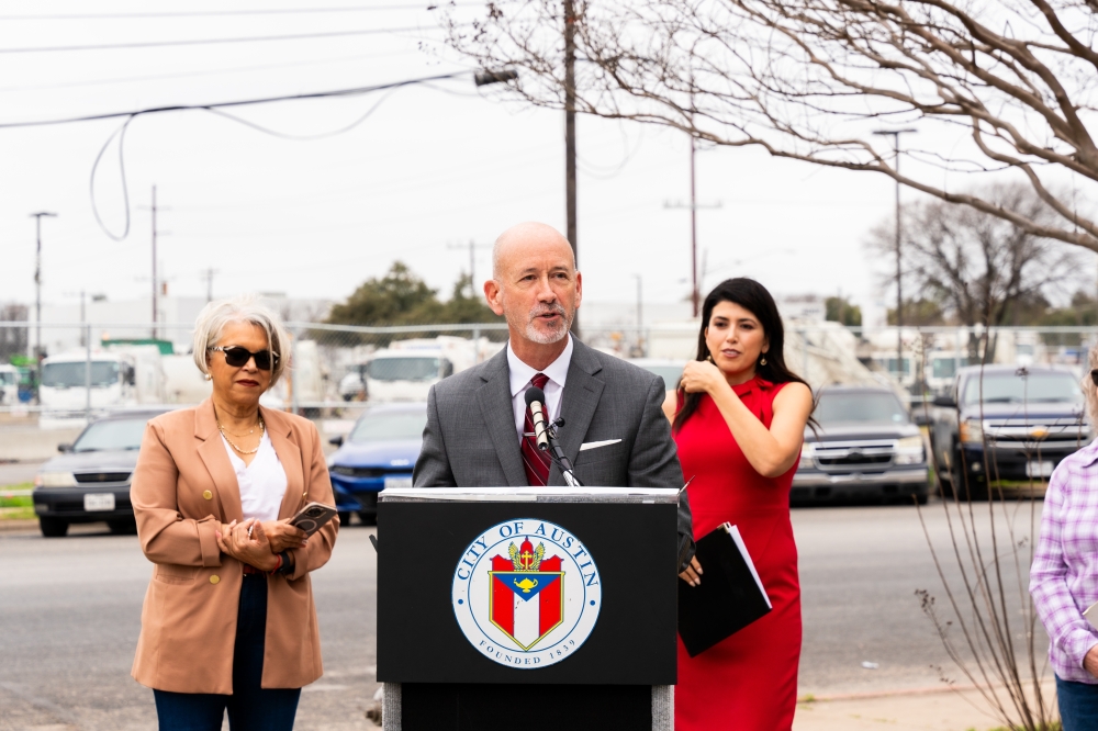 The new on-demand bulk, brush and household hazardous waste collection service can help mitigate waste from entering waterways and reduce the risk of wildfires, Austin Resource Recovery Director Richard McHale said at a Feb. 6 press conference. He said regions east of I-35 are particular areas where ARR receives many illegal dumping complaints. (Adal Rivas, Office of Austin Mayor Pro Tem Vanessa Fuentes)