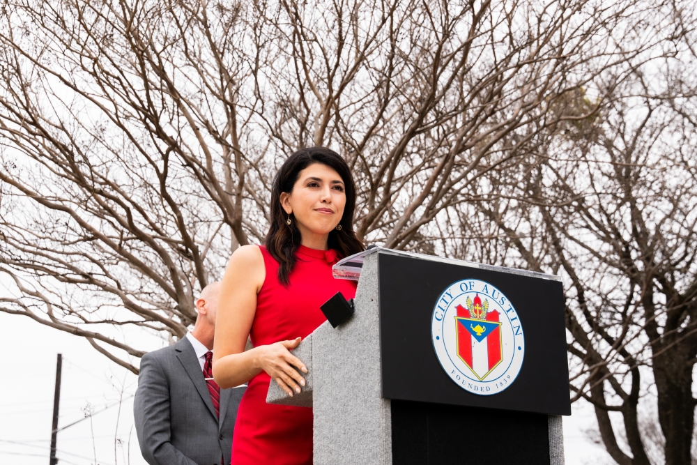 At a press conference Feb. 6, Austin Mayor Pro Tem Vanessa Fuentes said illegal dumping can present dangers for residents and passersby in the area. (Adal Rivas, Office of Austin Mayor Pro Tem Vanessa Fuentes)