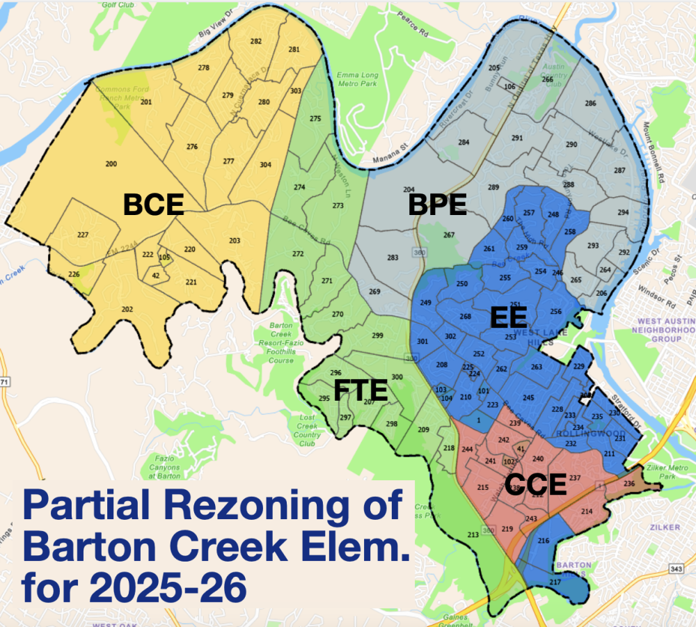 Per the approved rezoning map, students in planning units 273, 274 and 275—which are currently zoned for Barton Creek Elementary in the yellow zone—will be rezoned to Forest Trail Elementary in the green zone. Planning units 201, 276, 277, 278, 279, 280, 281, 282, 303 and 304 which are currently zoned for Valley View Elementary will be rezoned to Barton Creek. (Courtesy Eanes ISD)