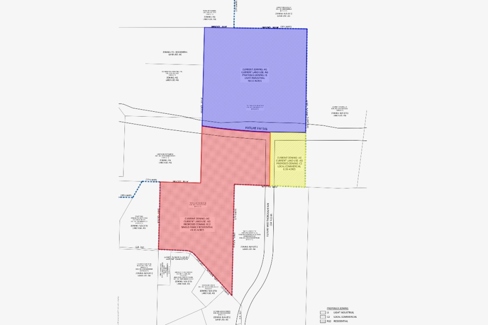 The requested rezoning would divide the roughly 100-acre tract into three distinct uses, further divided by planned future roadways. (Courtesy city of McKinney)