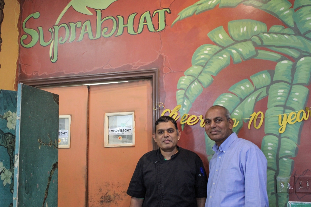 From left: Anil Bashyam is the executive chef at Suprabhat and Chenchu Krishnan owns the restaurant. (Dacia Garcia/Community Impact)