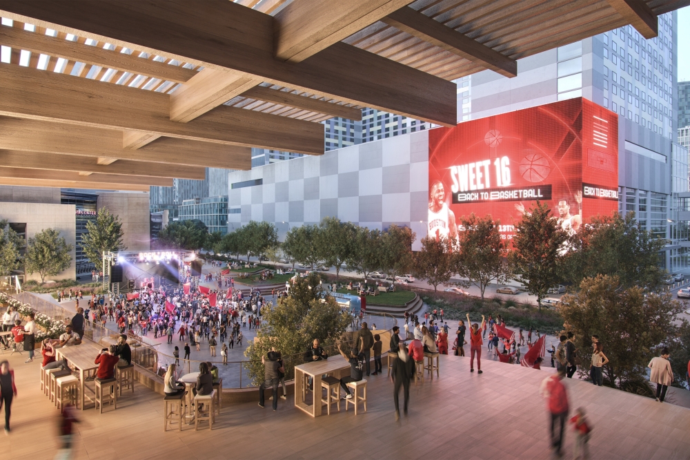 A new 100,000-square-foot pedestrian plaza will connect GRB to the Toyota Center. (Rendering courtesy Houston First)