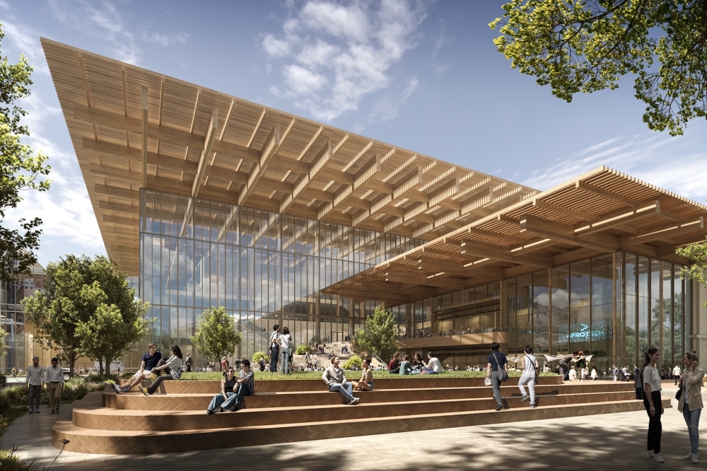 The new building will be designed to reduce its environmental footprint with low-carbon materials, rainwater collection and a new expansive living roof with potential solar integration. (Rendering courtesy Houston First)