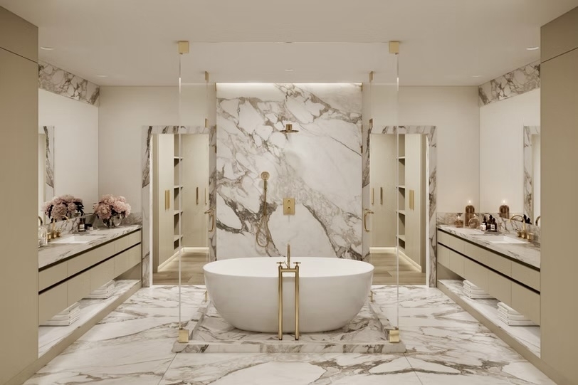 Bathrooms will include French gold faucets and bath accessories. (Rendering courtesy Randall Davis)