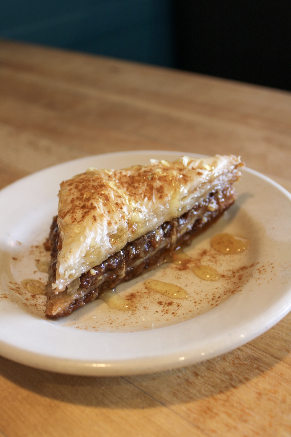 The restaurant offers dessert options including Baklava, a sweet pastry made of layers of film filled with chopped walnuts and held together by honey orange syrup, $3. (Dacia Garcia/Community Impact)