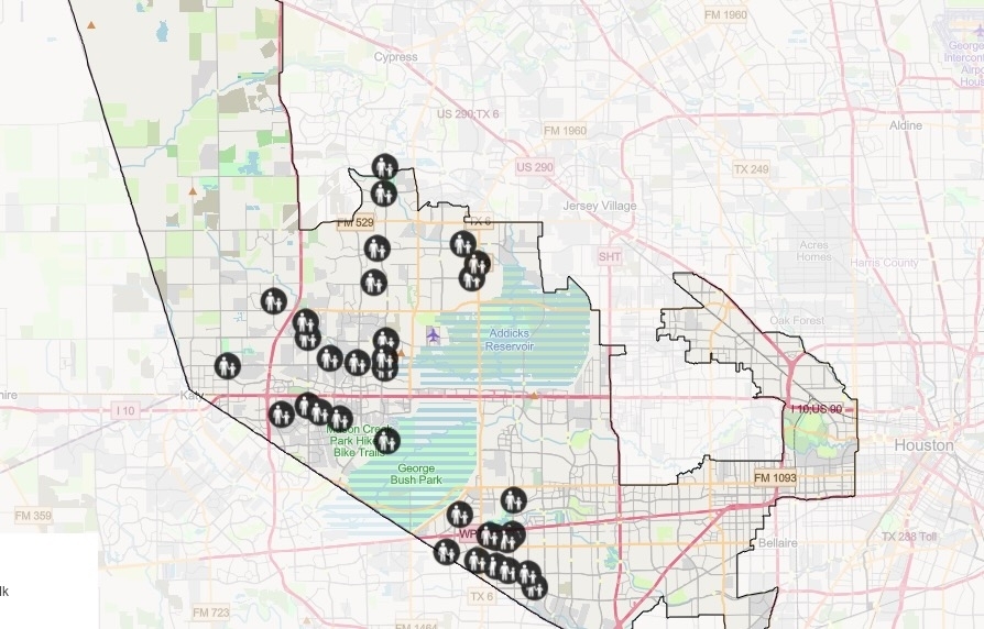 The map highlights where more than 50 sidewalk miles were completed across unincorporated Harris County. (Courtesy Harris County Precinct 4)