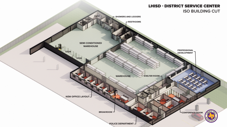 The new maintenance warehouse will include warehouse storage space as well as offices for maintenance staff, police officers and the district nurse. (Courtesy Liberty Hill ISD)