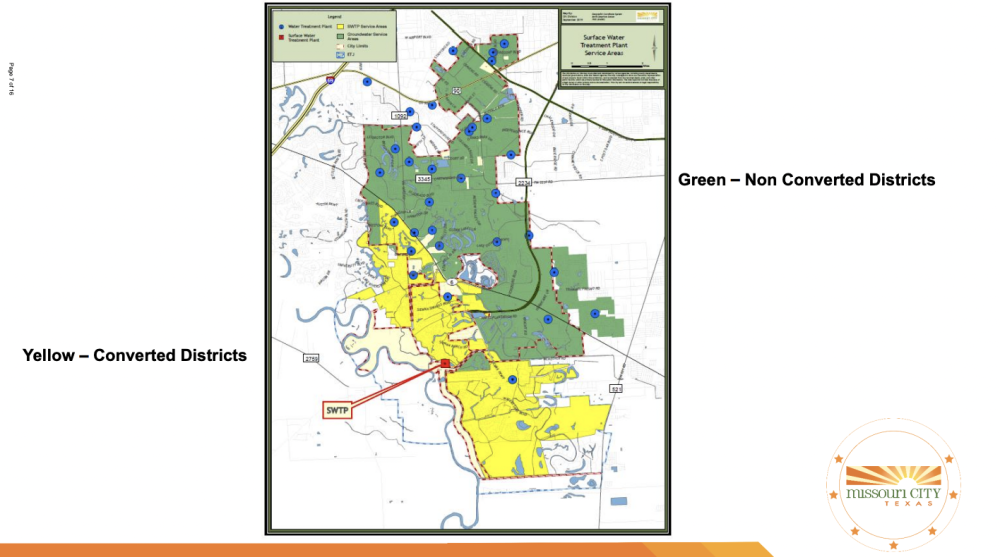 Green areas pay groundwater fees, while yellow areas pay surface water fees, officials said. (Courtesy city of Missouri City)