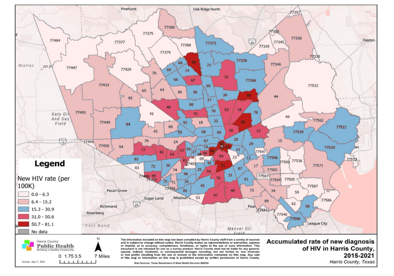 HIV rates divided by Harris County neighborhoods, from 2015-21.(Courtesy Harris County Public Health)