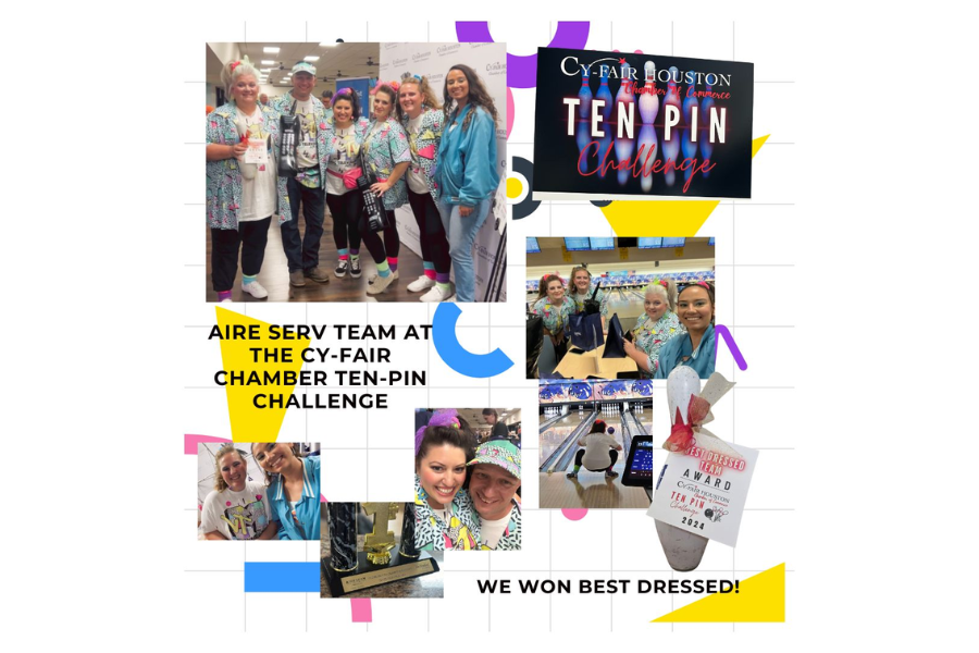 Aire Serv of Houston Northwest team posing and bowling at the Cy-Fair Chamber Ten-Pin Challenge, where they won the Best Dressed Team award for 2024.