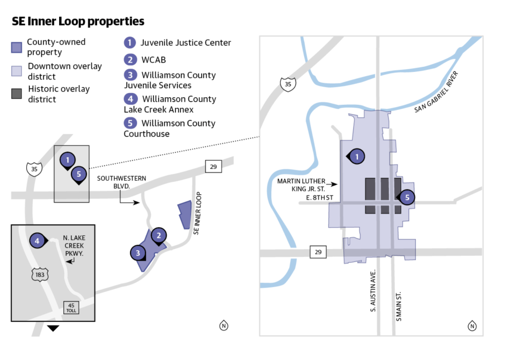 Williamson County owns 17 properties in downtown Georgetown, and nine departments are currently located on the SE Inner Loop. (Community Impact staff)