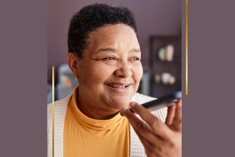 Woman talking on phone after getting hearing aids in Montgomery