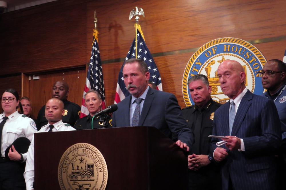Douglas Griffith, the Houston Police Officers' Union President, thanks the Mayor and his staff for working with the union to get the negotiations through. (Kevin Vu/Community Impact)