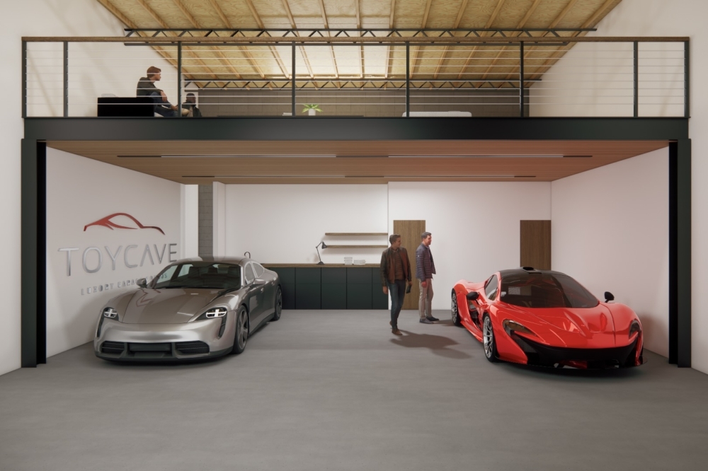 The luxury garage condominiums will be approximately 2,000 square feet total, including the ground floor area and a mezzanine. (Rendering courtesy Toy Cave Luxury Garages)