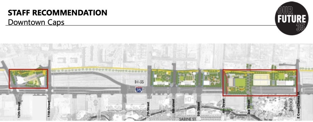 City staff now recommend developing just two of a series of proposed amenity decks over I-35 due to cost constraints and public benefit analysis. (Courtesy city of Austin)