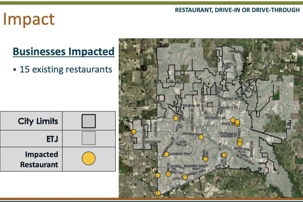City staff anticipate 15 restaurants would be impacted by the proposed amendment if approved by McKinney City Council in May. (Screenshot courtesy city of McKinney)