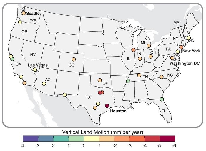 A new study using recent satellite data finds that all cities in the United States with populations of more than 600,000 are sinking to one degree or another.(Courtesy Nature Cities)