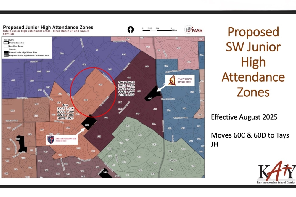 The numbers shown within the color-coded attendance zones indicate the projected student enrollment at each campus for the specified year. (Courtesy Katy ISD)