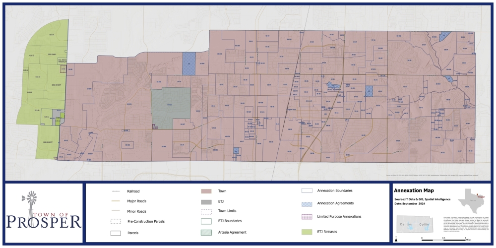 The five parcels of land on the right side of Prosper are the Collin County unincorporated areas outlined in blue on the map. (Courtesy Town of Prosper)