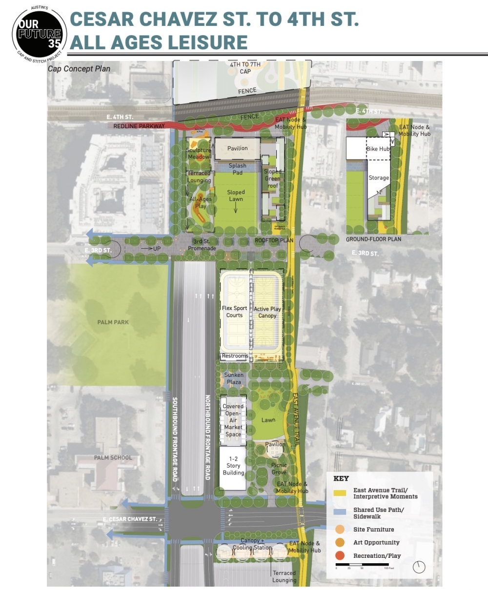 City leaders and staff have focused on a central cap that'd cover I-35 between East Cesar Chavez and Fourth streets. (Courtesy city of Austin)