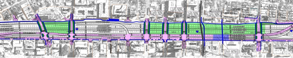 TxDOT schematics detail where a series of downtown caps could be placed over I-35, although full coverage may now be unlikely. (Courtesy Texas Department of Transportation)