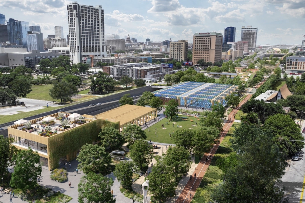 Officials voted to fund the support structures for a cap covering I-35 between Cesar Chavez and Fourth streets, plus other downtown decks and northern crossings. (Rendering courtesy city of Austin)