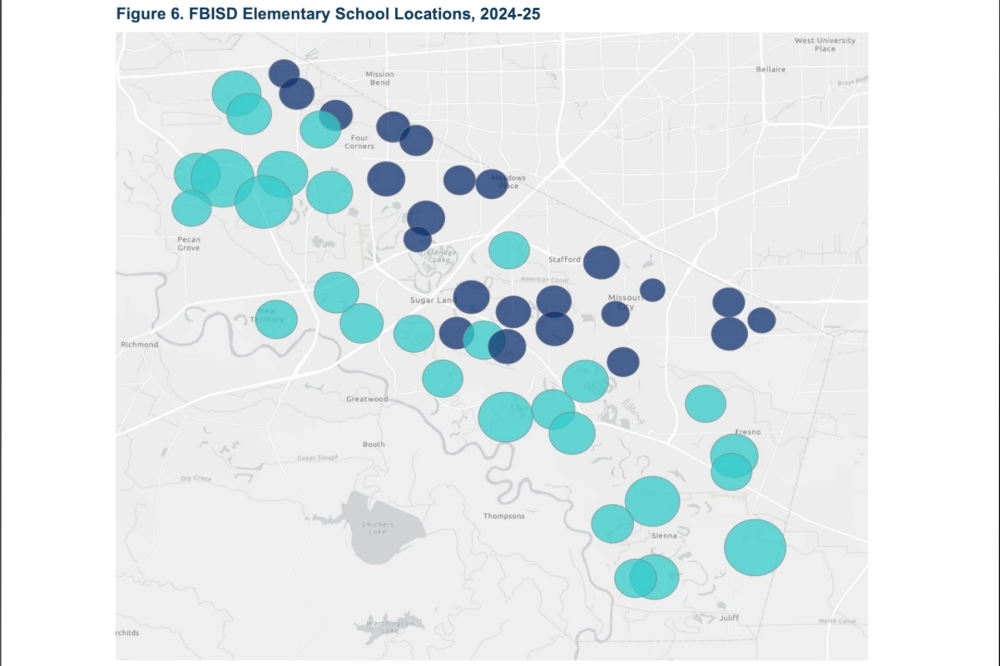 Dark blue dots include elementary school campuses that would be candidates for consolidation, although Gibson said feasibility would depend on the campus’ special programming, such as English as second language and Pre-K. (Courtesy Fort Bend ISD)