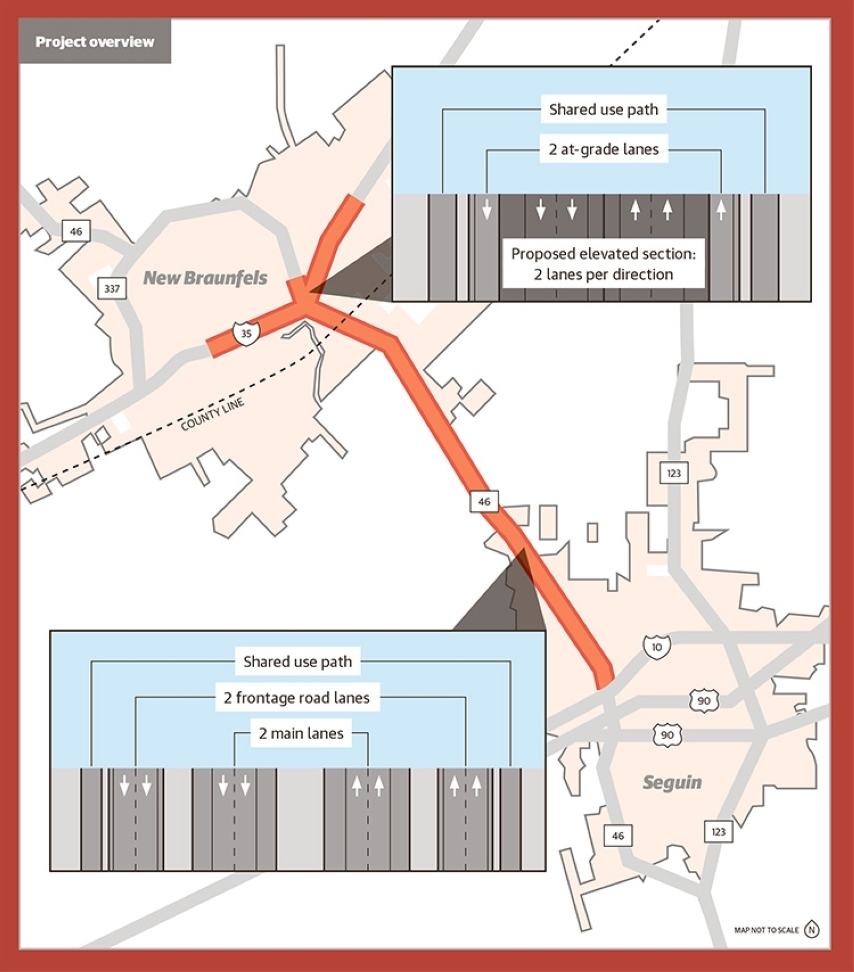 The Hwy. 46 portion of the project makes up 11 miles, and the I-35 section of the project makes up approximately 4 miles, according to a 2023 open house presentation from TxDOT.
