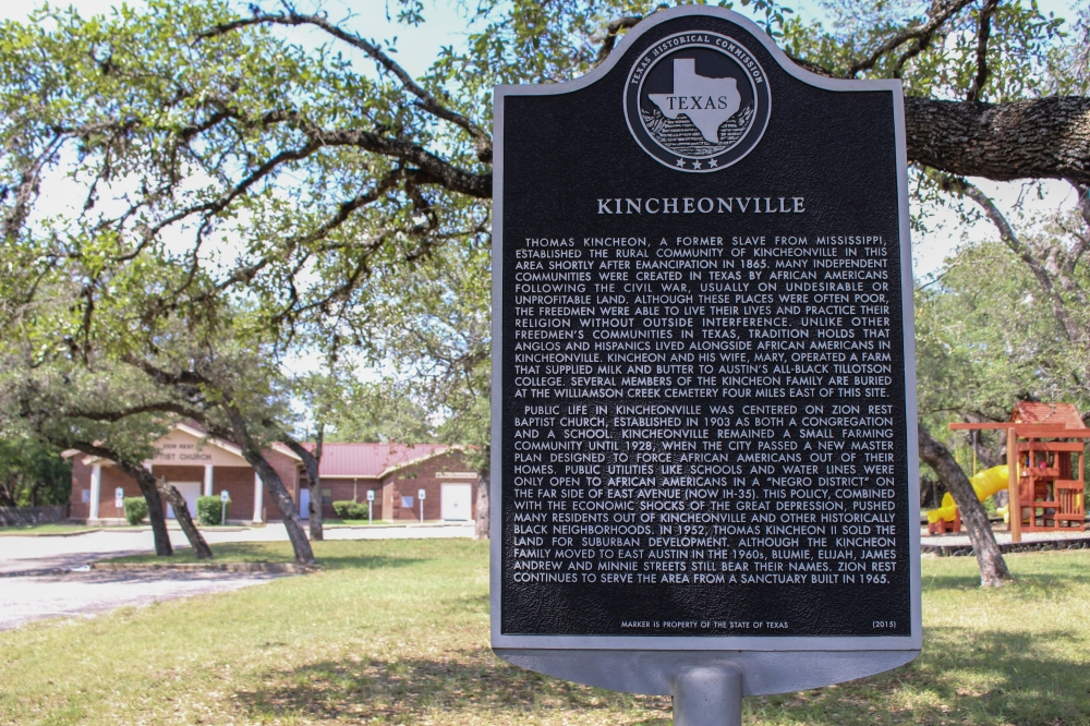 A historical marker is located at the Zion Rest Missionary Baptist Church, which was part of the early Kincheonville settlement. (Elisabeth Jimenez/Community Impact)