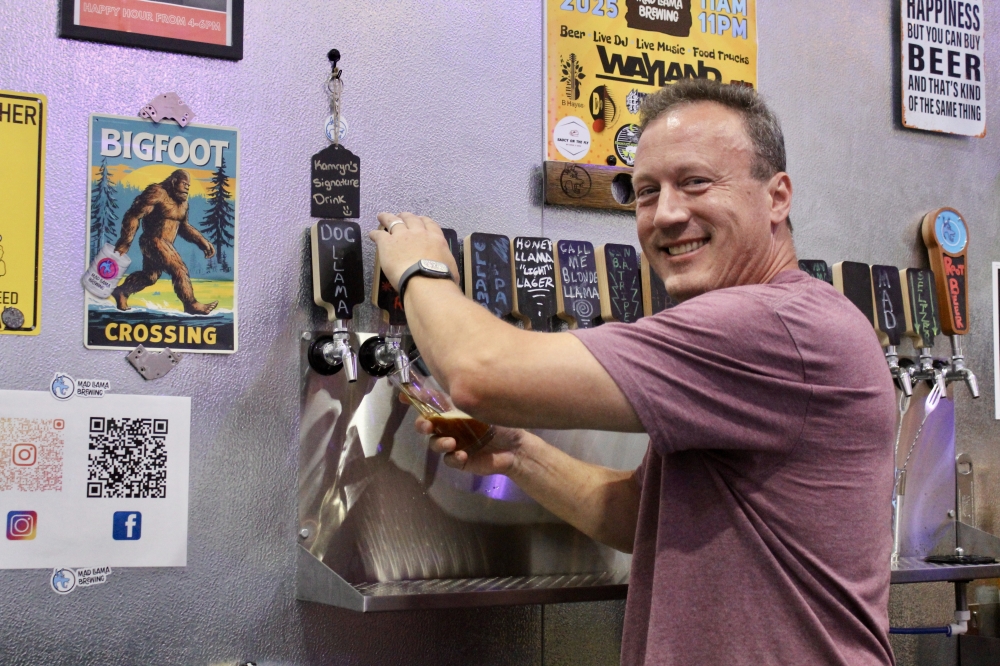 Stephen Daulong serves his favorite craft-beer, theAmber Llama. (Jovanna Aguilar/Community Impact)
