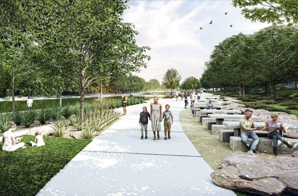 The majority of survey respondents said picnic tables areas at Blue Hole Park are important to them. Some council members raised concerns with picnic tables being placed in floodplains. (Rendering courtesy Halff Associates)