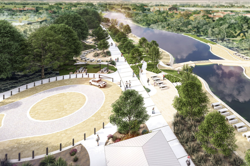Blue Hole Park's current concept includes a roundabout drop off to help keep the flow of vehicles moving. (Rendering courtesy Halff Associates)