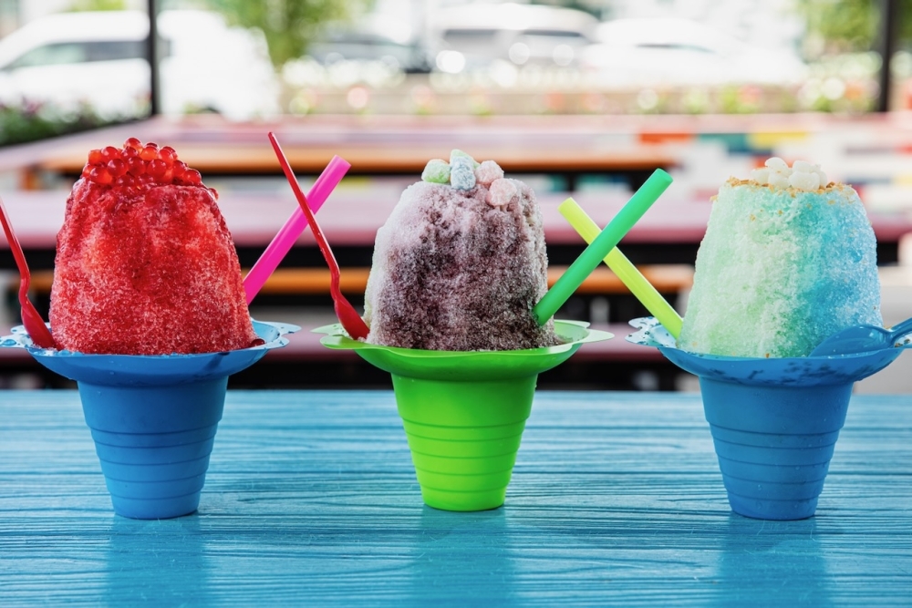 Hawaiian shaved ice flavors include coco loco or blue coconut and lime syrup that is sweetened with condensed milk; aloha island which consists of blue coconut and passion fruit syrups. (Courtesy Becca Wright)